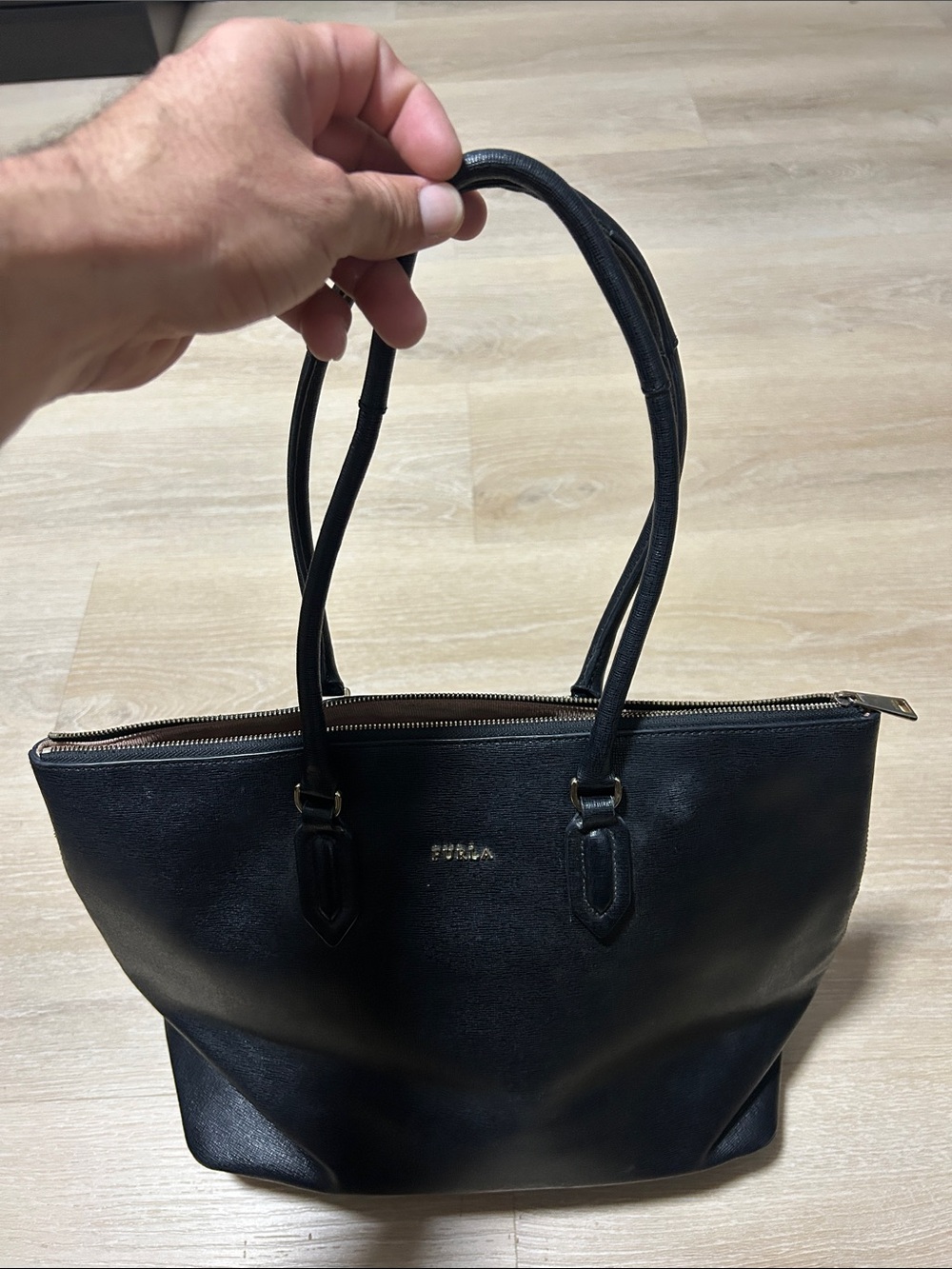 Furla Black Leather Top-Zip Tote with Gold Logo